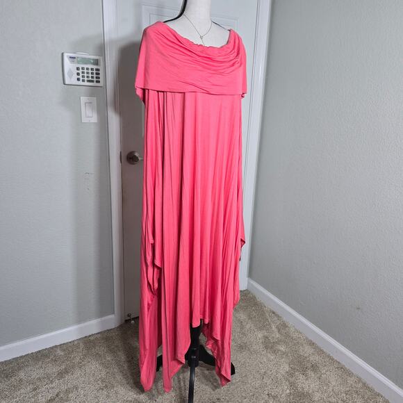 Women's Coral Off Shoulder Maxi Dress Plus XL Asymmetrical Boho Flowy Vacation - Picture 3 of 11